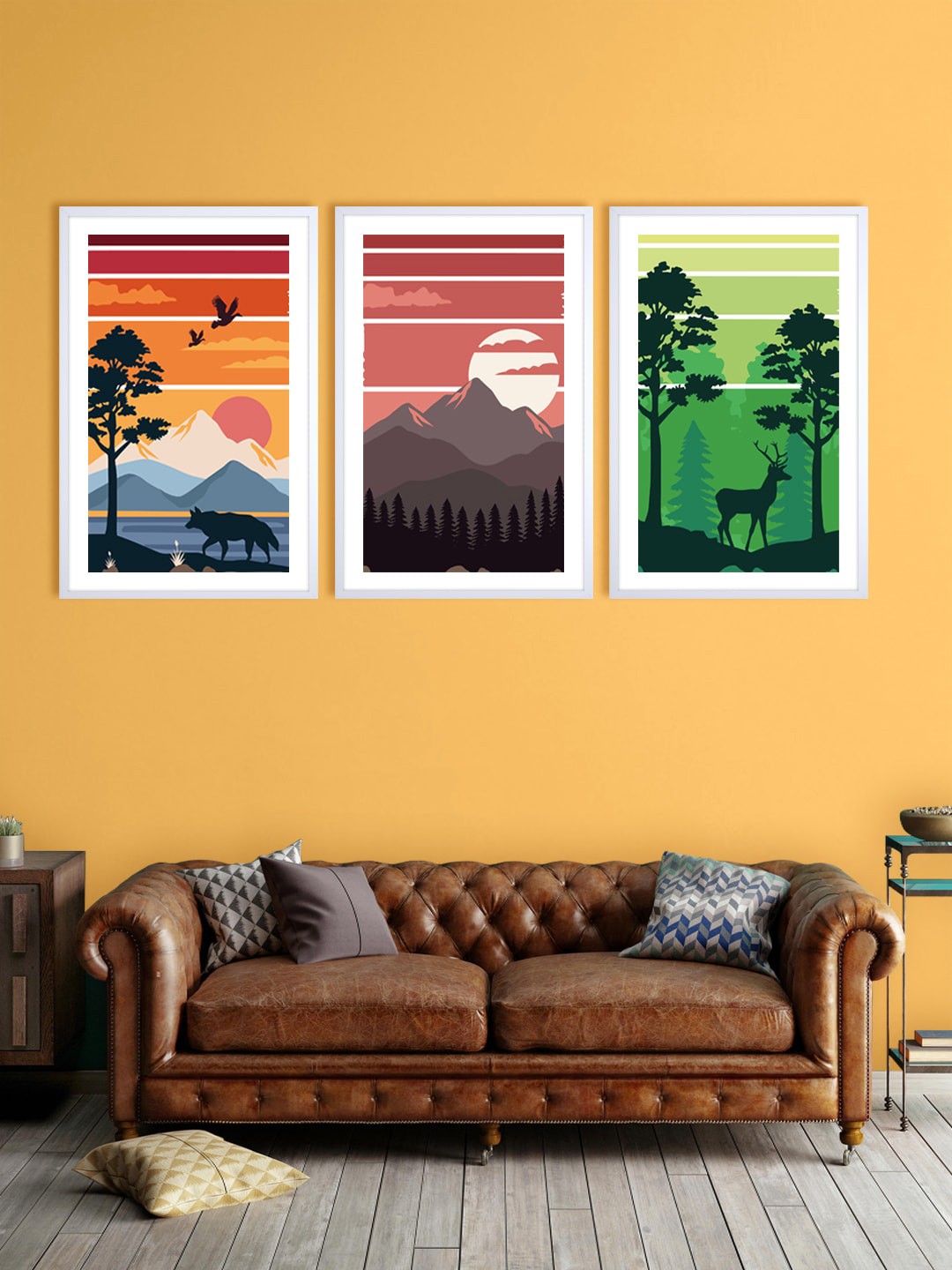 

999Store Set Of 3 Black & Green Deer Wolf Sunset Printed Wall Art