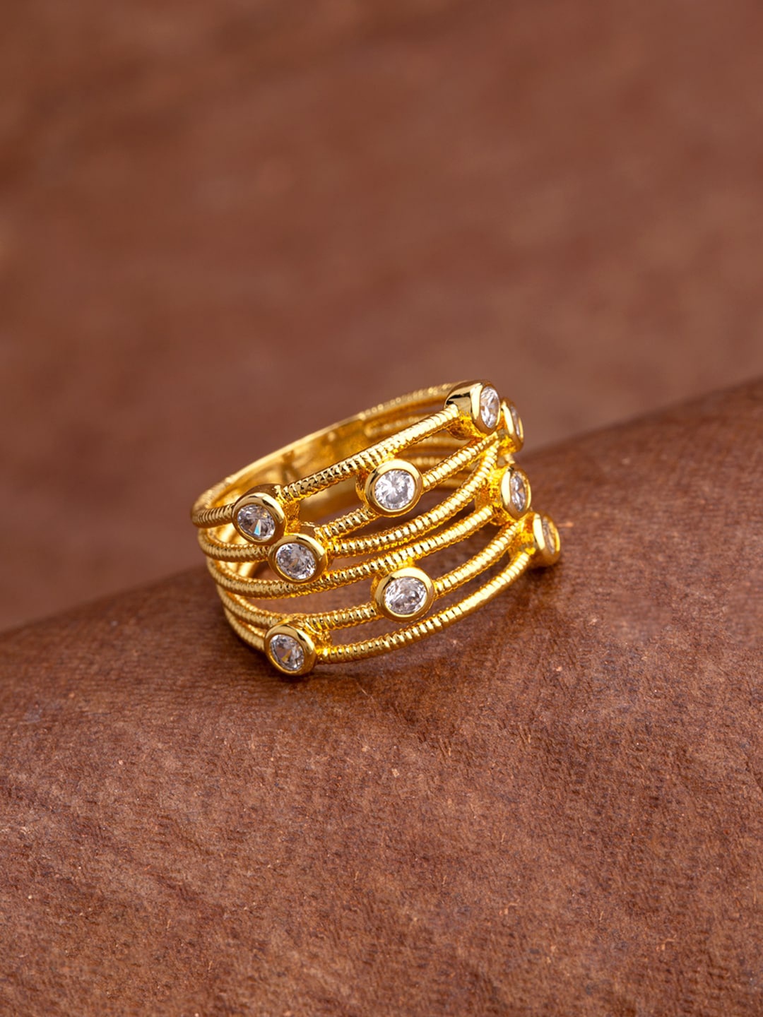 

Voylla Gold-Plated & White Zircon Adorned Cutwork Design Layered Finger Ring