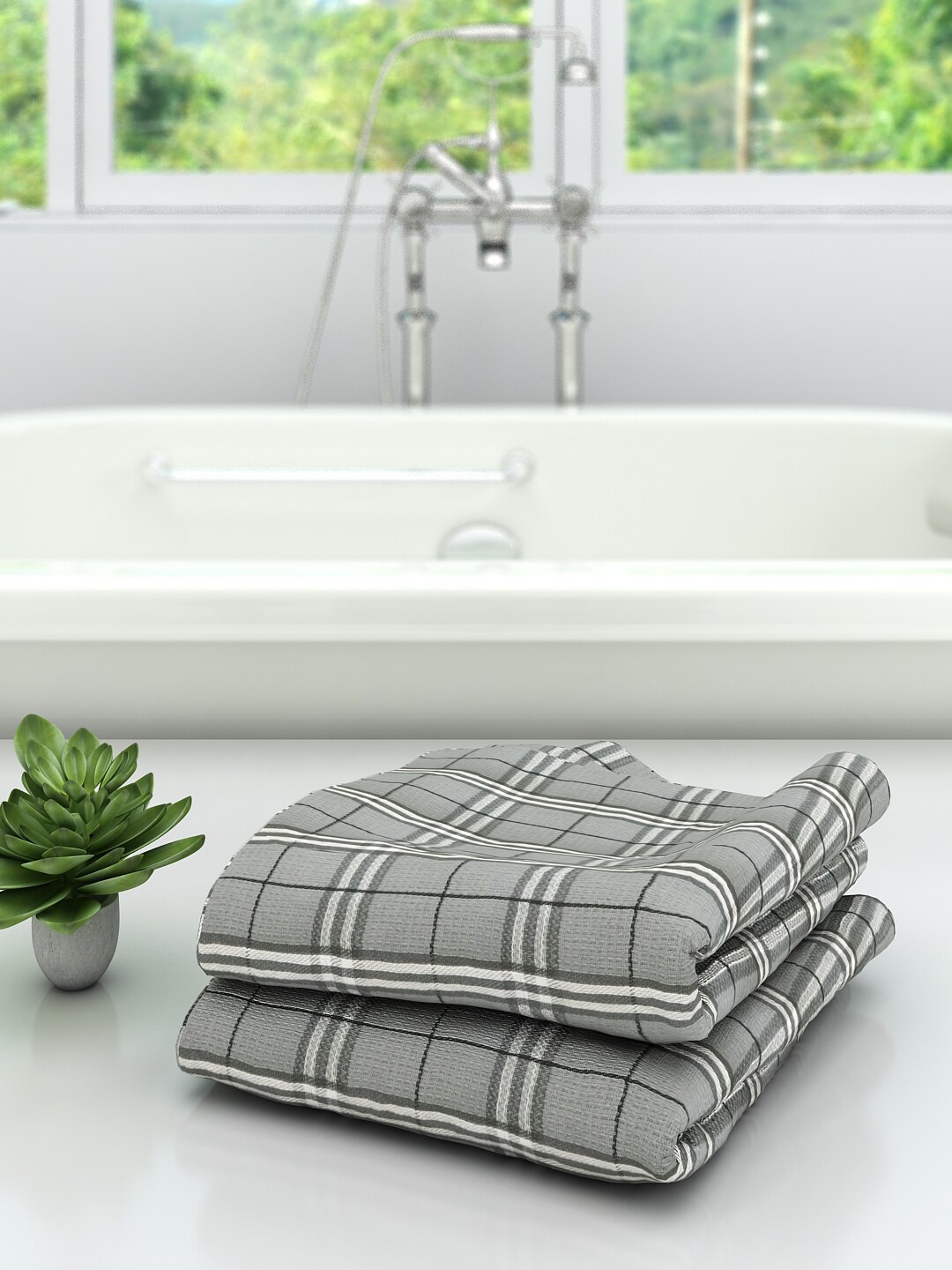 

Athom Trendz Set Of 2 Grey & White Checked 210 GSM Premium Bath Towels