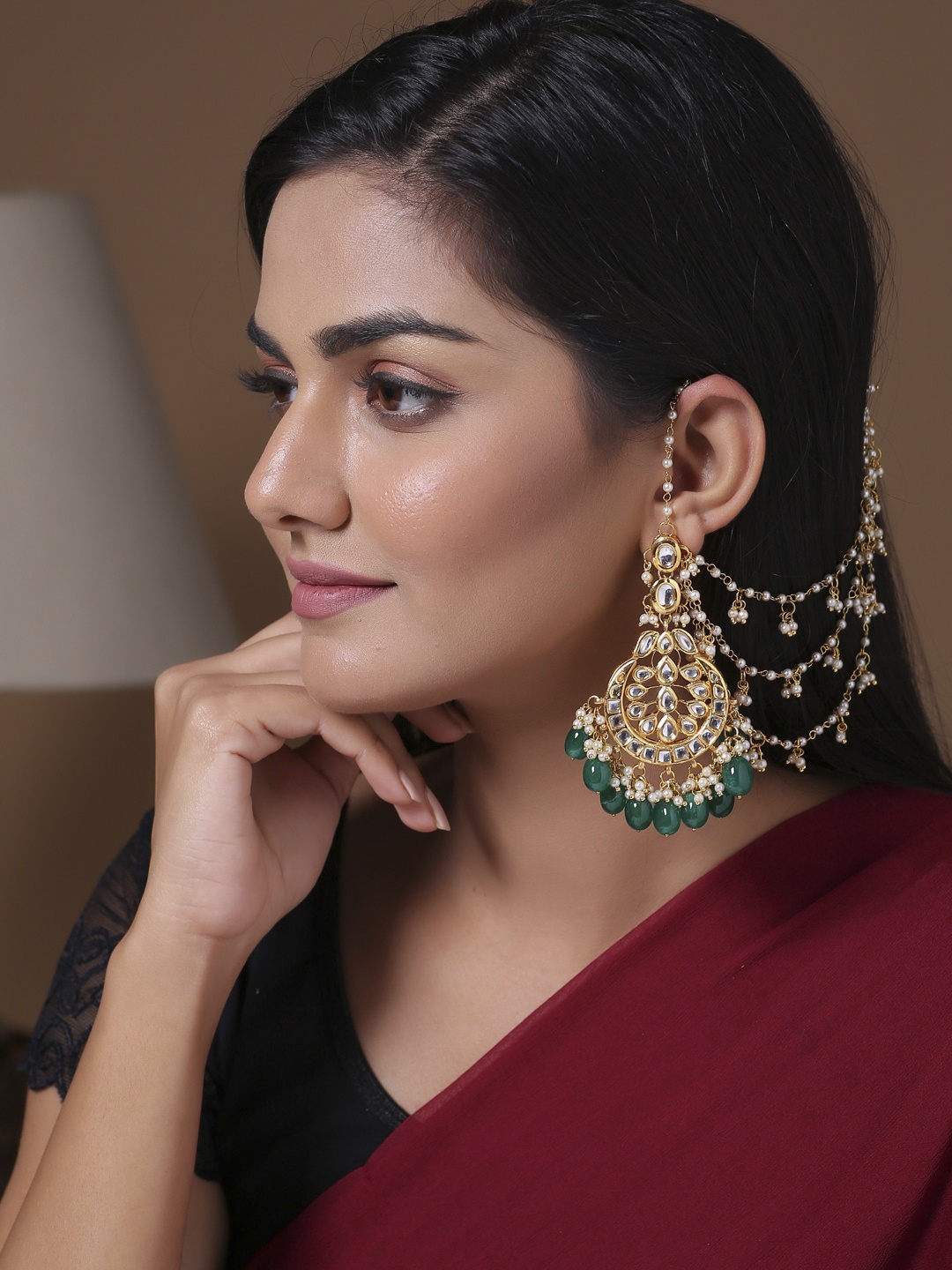 

Shoshaa Gold-Plated & Green Crescent Shaped Chandbalis