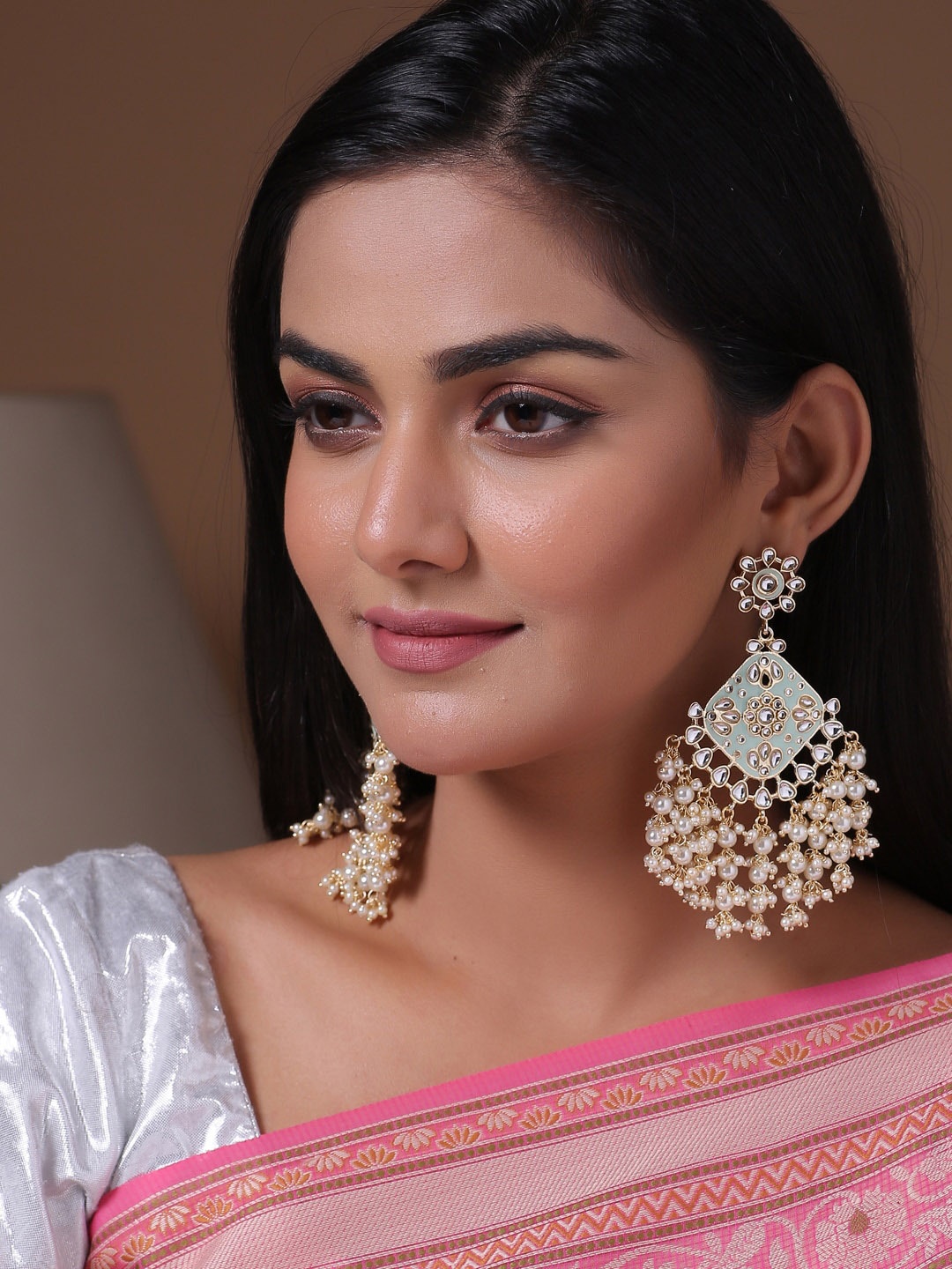 Shoshaa Sea Green & Gold-Plated Handcrafted Kundan Geometric Drop Earrings