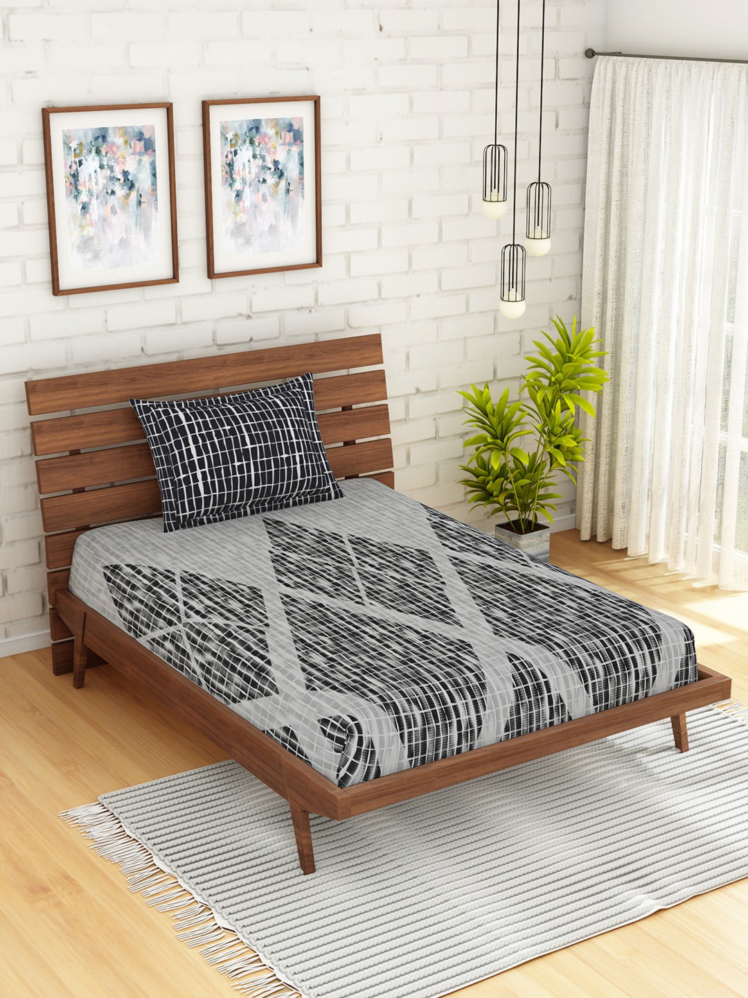 

SPACES Grey & Black Geometric 210 TC Cotton 1 Single Bedsheet with 1 Pillow Cover