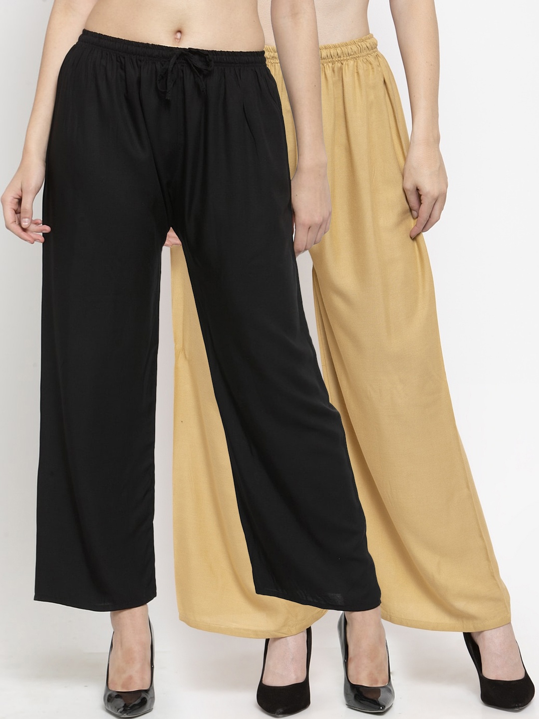 Clora Creation Women Pack Of 2 Solid Straight Palazzos, Beige