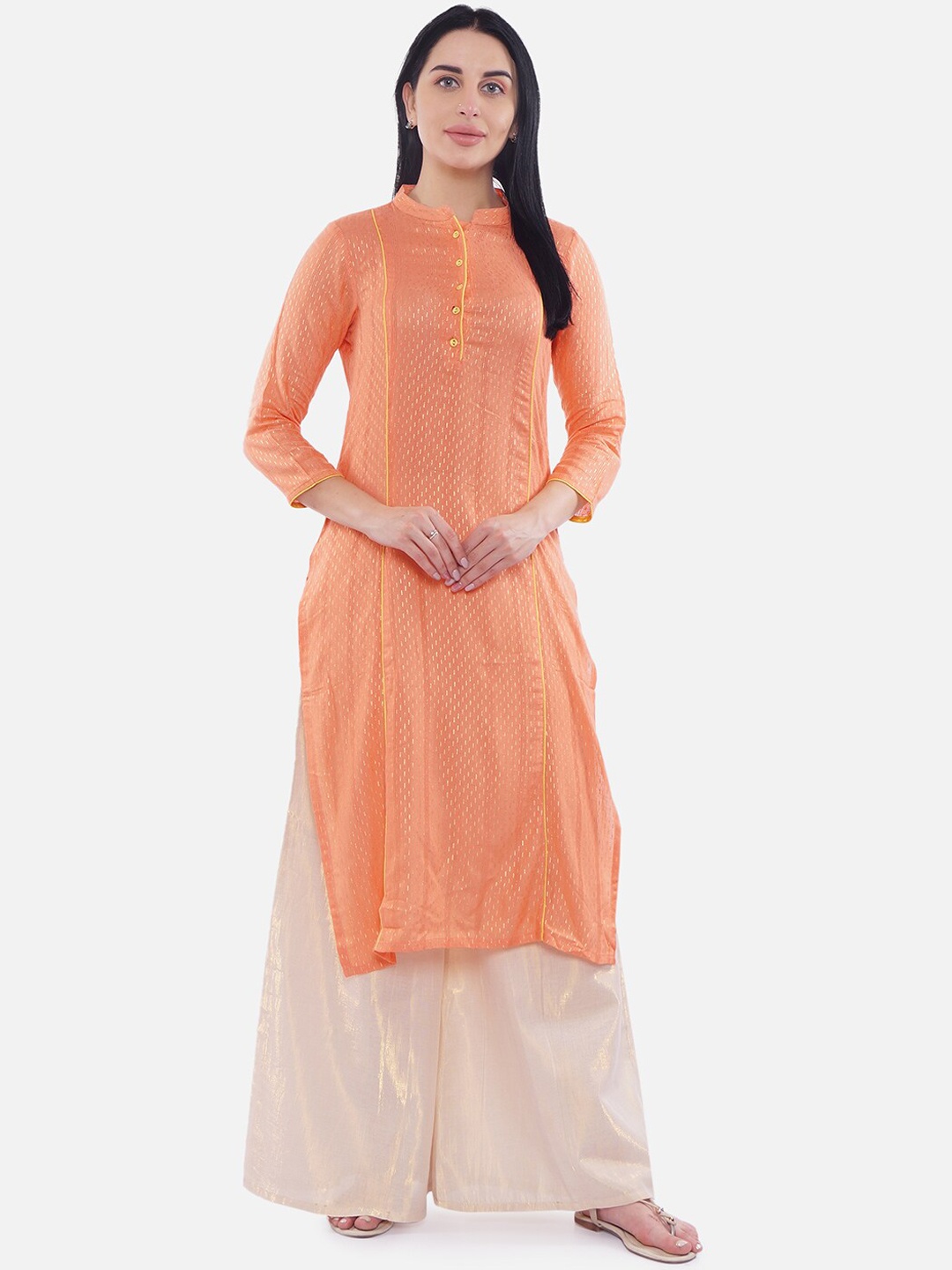 

Be Indi Women Peach-Coloured Foil Printed Straight Kurta