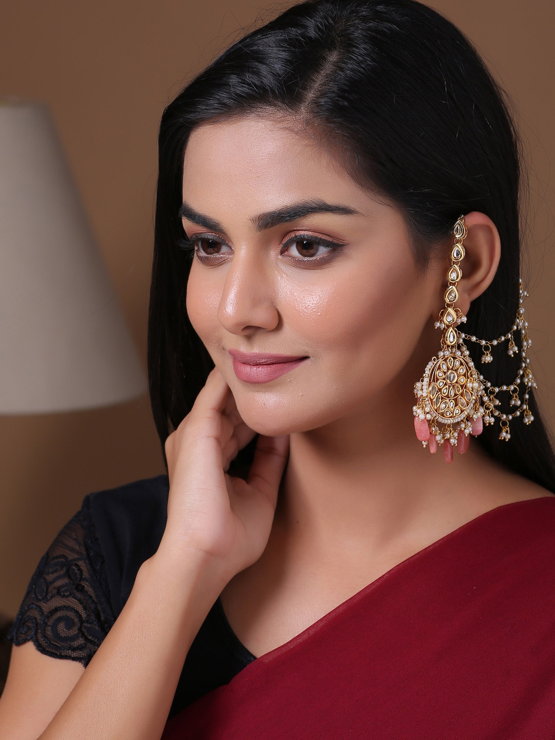 

Shoshaa Gold-Plated & Peach-Coloured Kundan Classic Drop Earrings