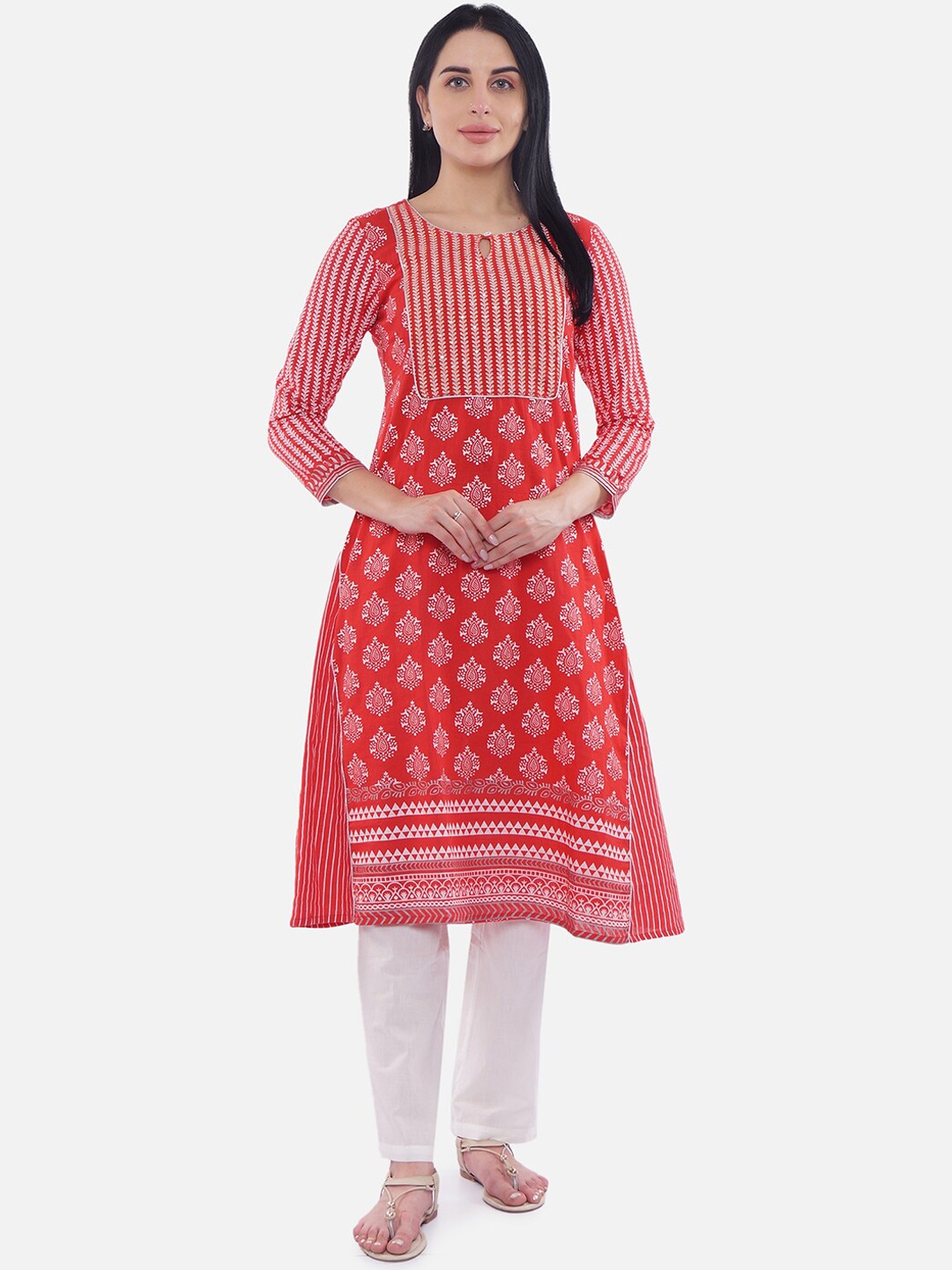 

Be Indi Women Red & Off-White Printed A-Line Kurta With Sequins