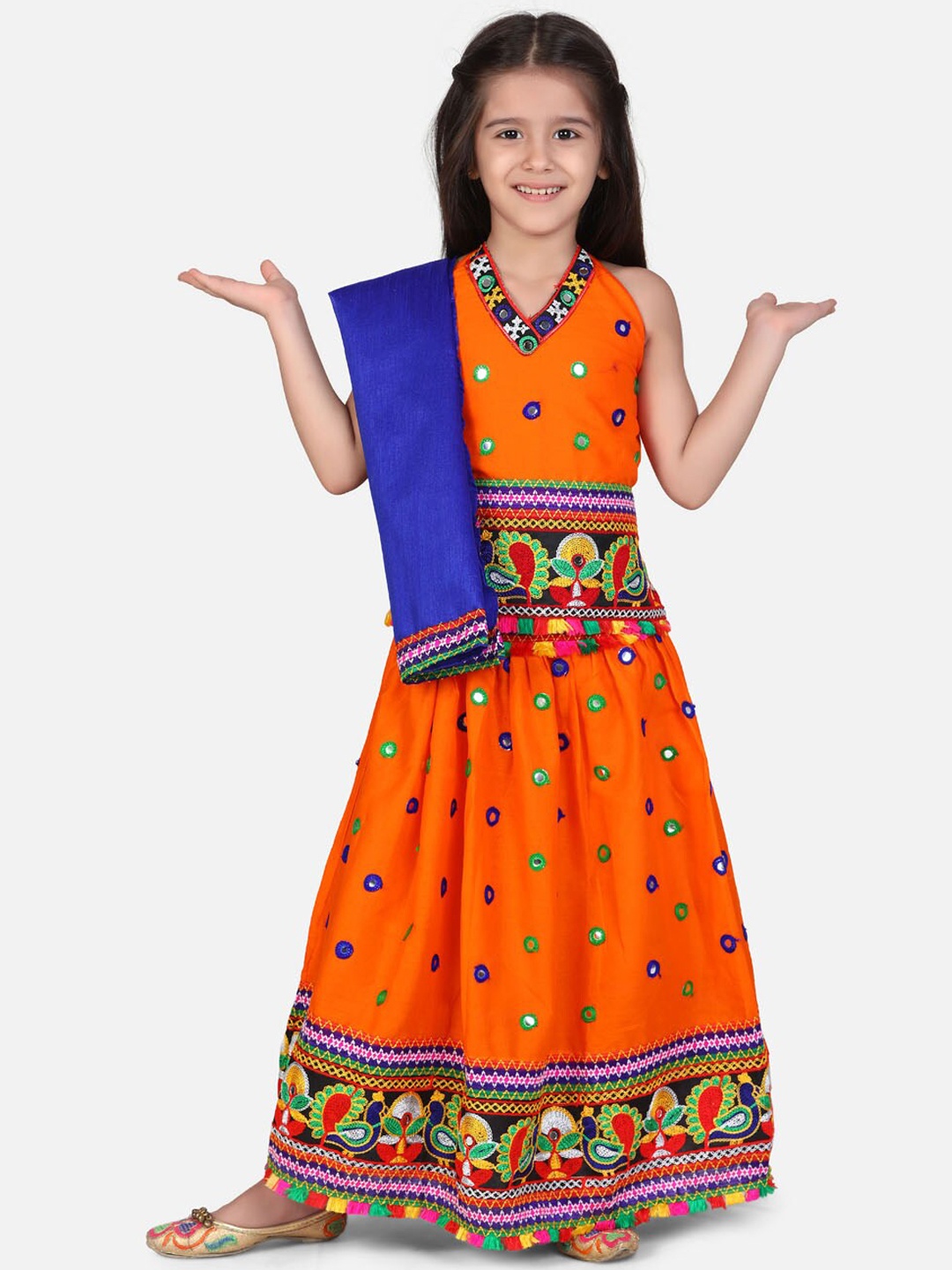 

BownBee Orange Ready to Wear Mirror Embroidery Lehenga & Blouse with Dupatta