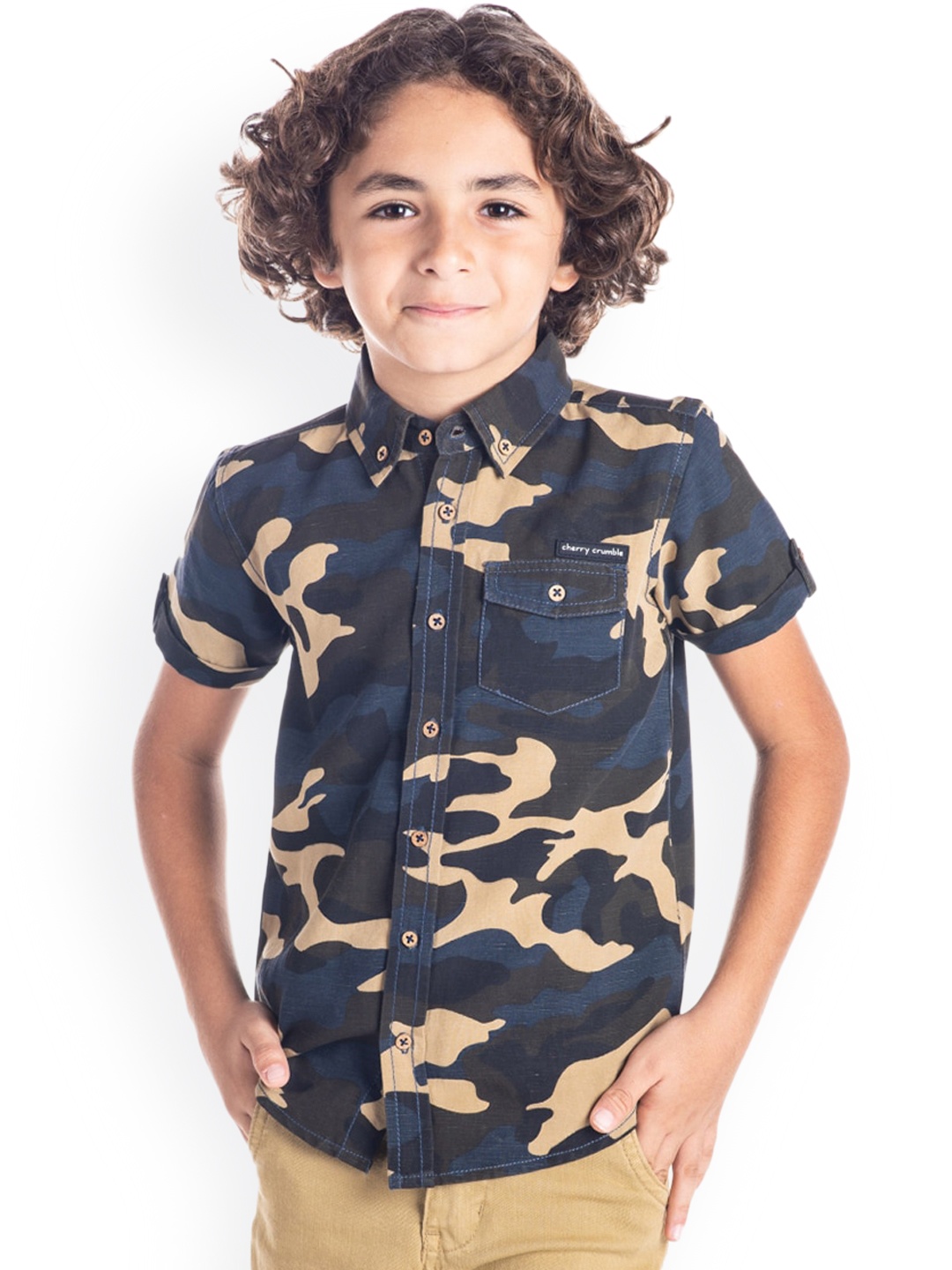 

Cherry Crumble Boys Navy Blue & Beige Regular Fit Camouflage Printed Casual Shirt