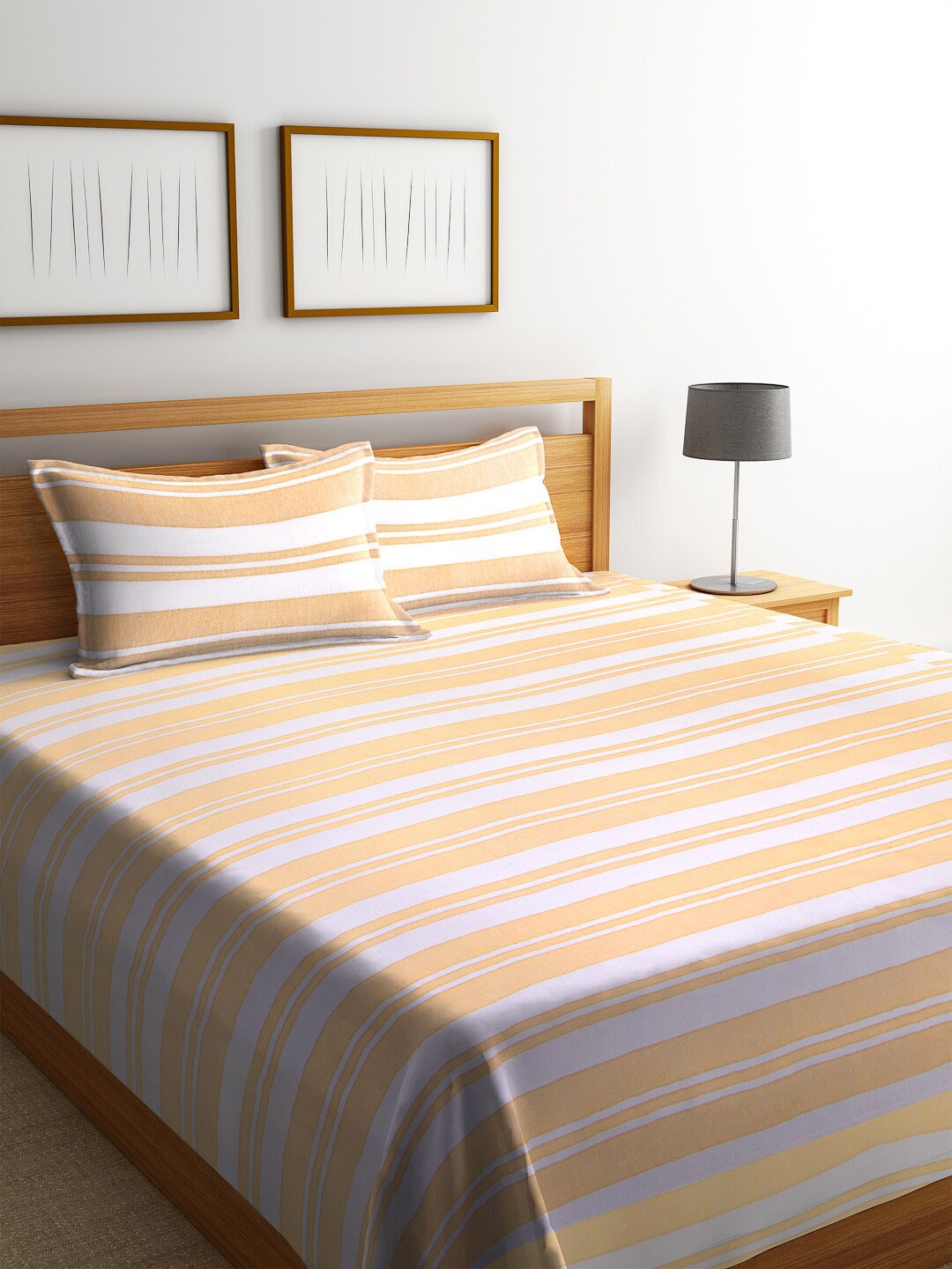 

KLOTTHE Mustard Yellow & White Striped Double Bed Cover With 2 Pillow Covers