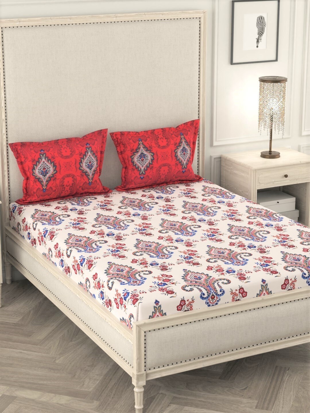 

URBAN SPACE Red & Blue Ethnic Motifs 180 TC Cotton 1 King Bedsheet with 2 Pillow Covers