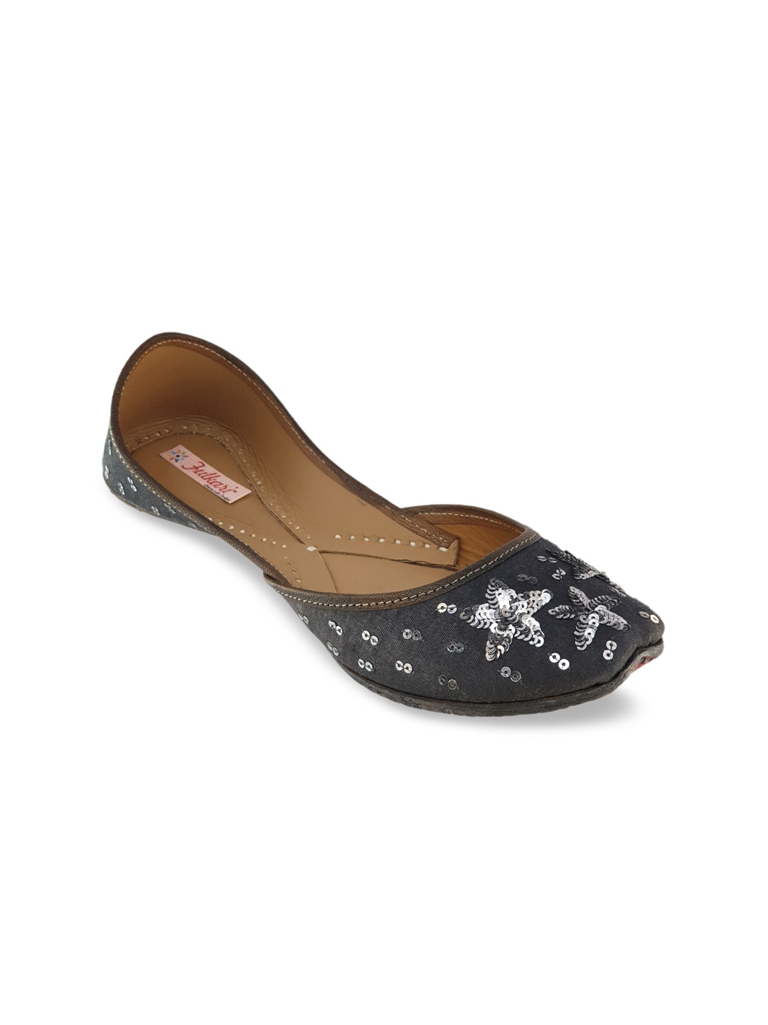 Fulkari Women Grey Embellished Leather Mojaris