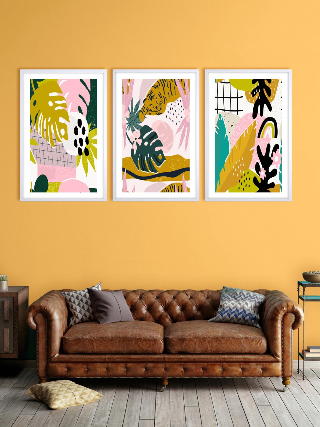 

999Store Set Of 3 White & Brown Printed Abstract Leaves Wall Art