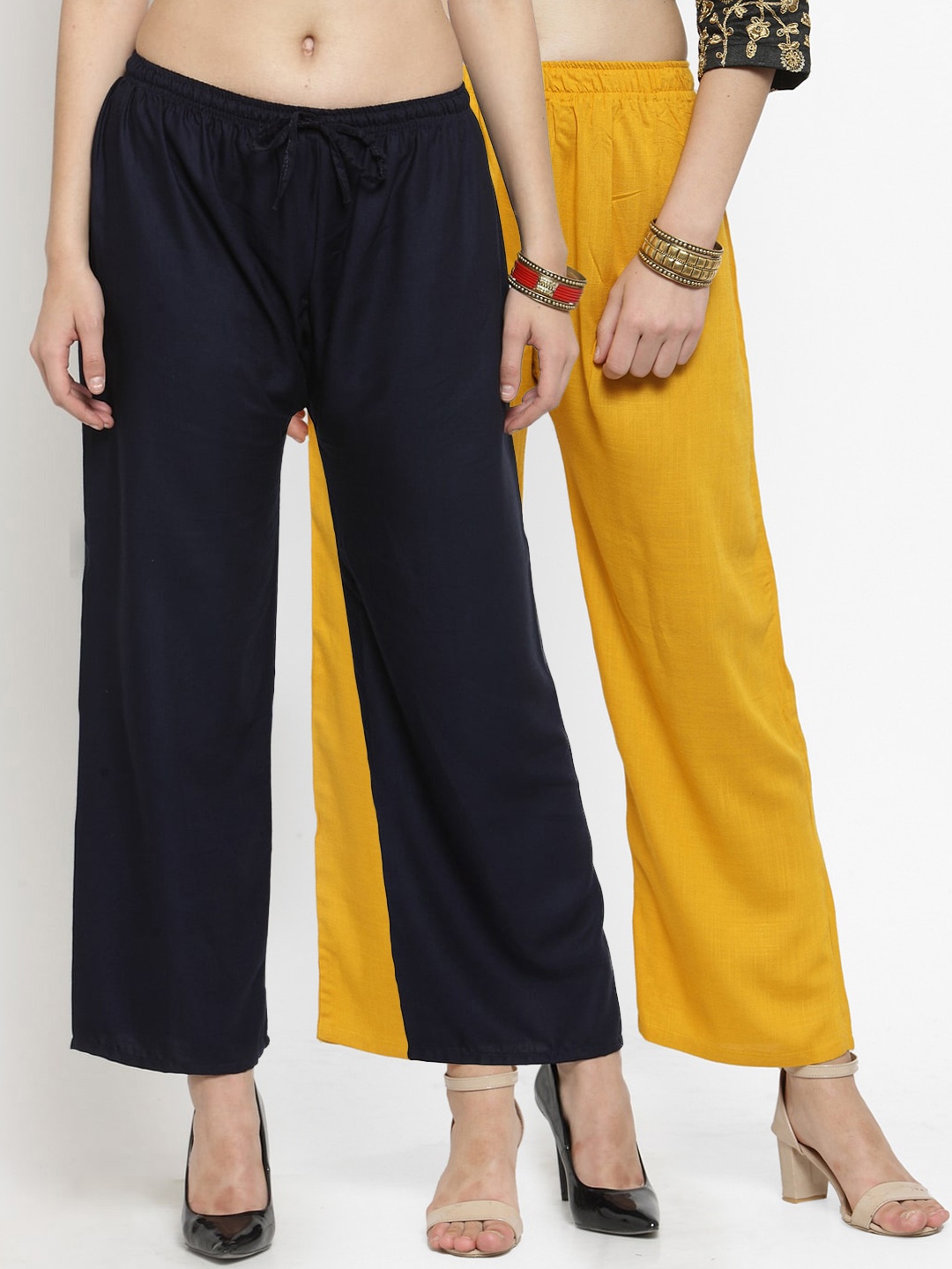 Clora Creation Women Pack Of 2 Navy Blue & Yellow Solid Straight Palazzos