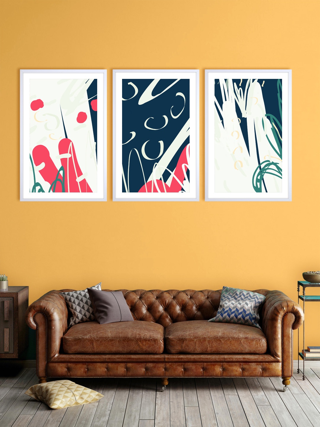 

999Store Set Of 3 Blue & Pink Abstract Printed Wall Art