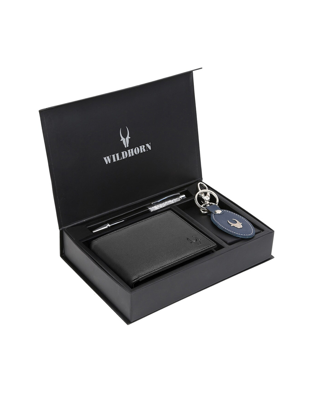 

WildHorn Men Blue & Orange RFID Protected Genuine Leather Accessory Gift Set, Black