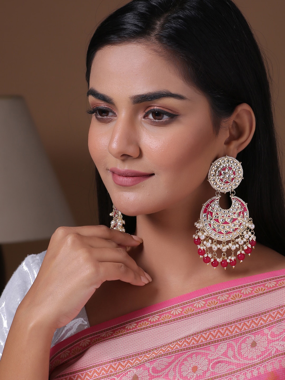 

Shoshaa Magenta & Gold-Plated Crescent Shaped Chandbalis