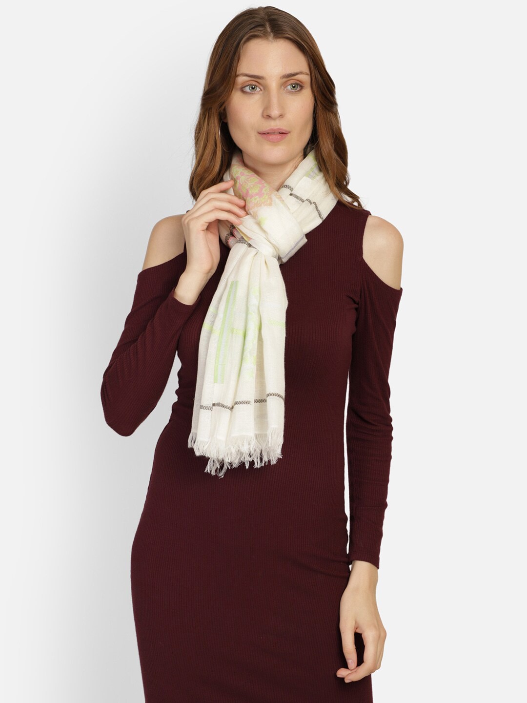 

Anekaant Women White & Green Woven Design Stole