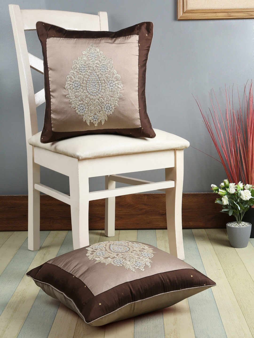 

eyda Brown Set of 2 Embellished Square Cushion Covers