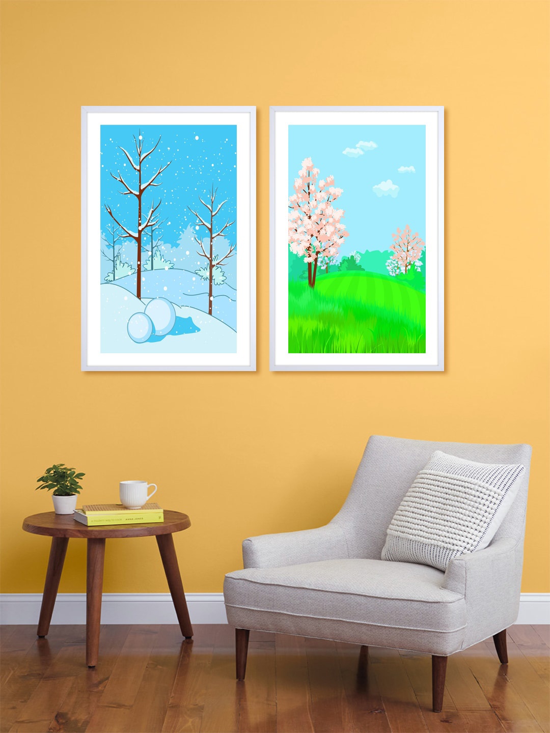 

999Store Set Of 2 Blue & Green Printed Field Tree Paintings
