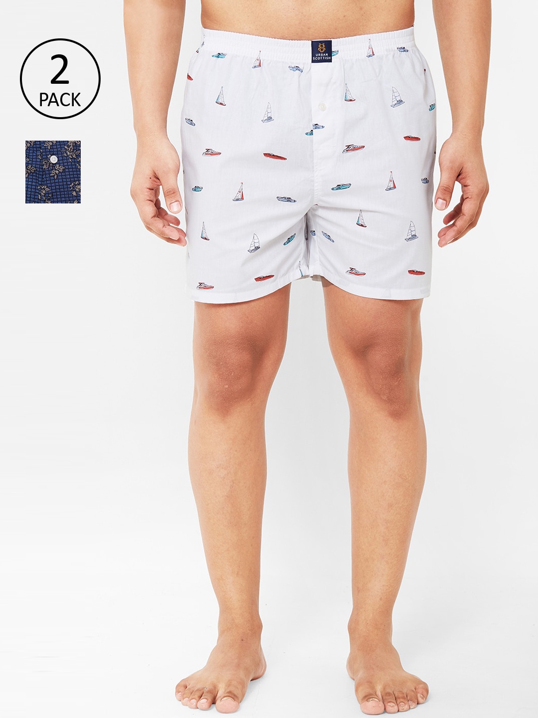 

URBAN SCOTTISH Men Pack of 2 Printed Pure Cotton Boxers, Blue