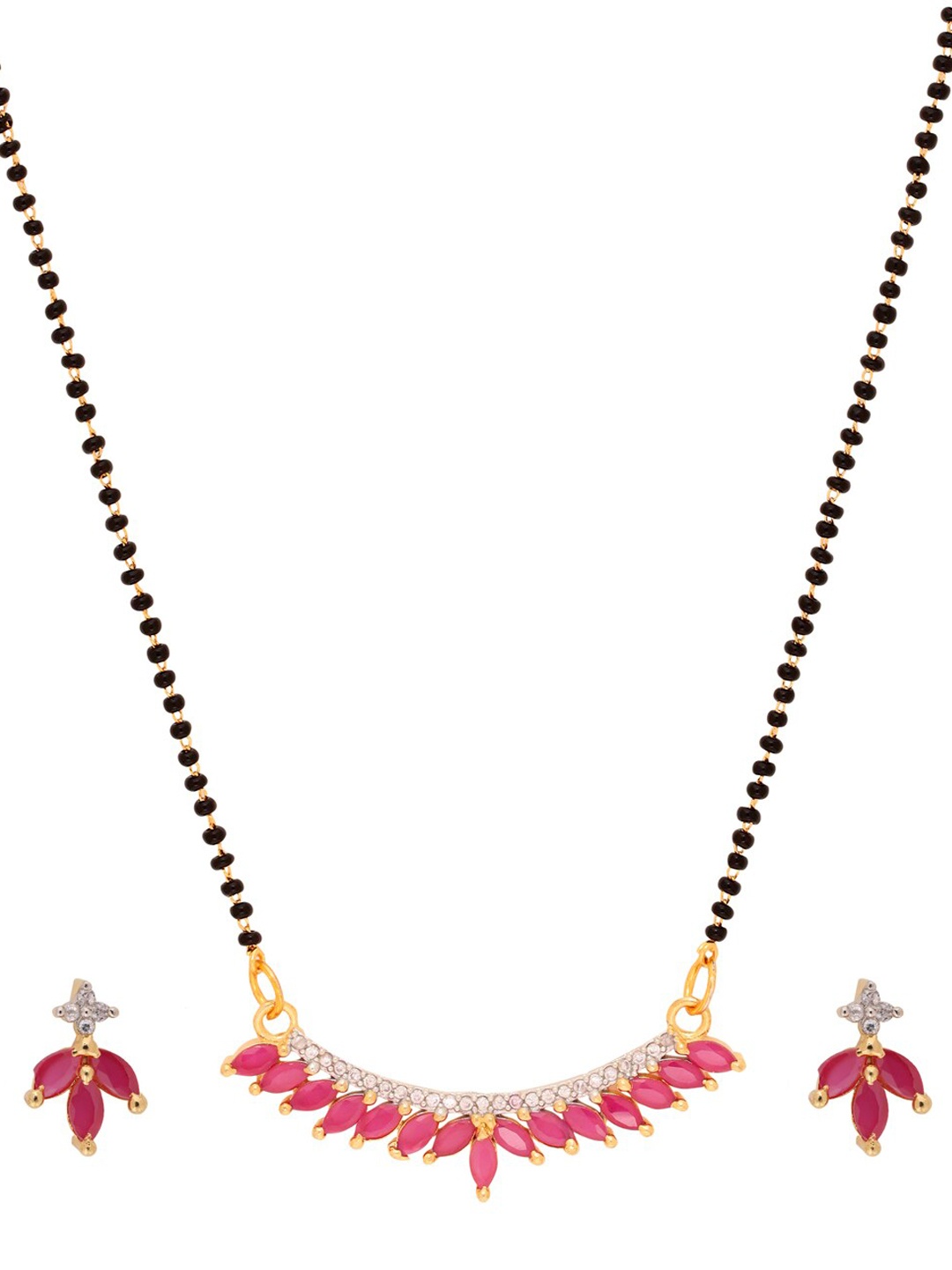 

Shoshaa Gold-Plated Black & Magenta Pink Stone-Studded & Beaded Mangalsutra
