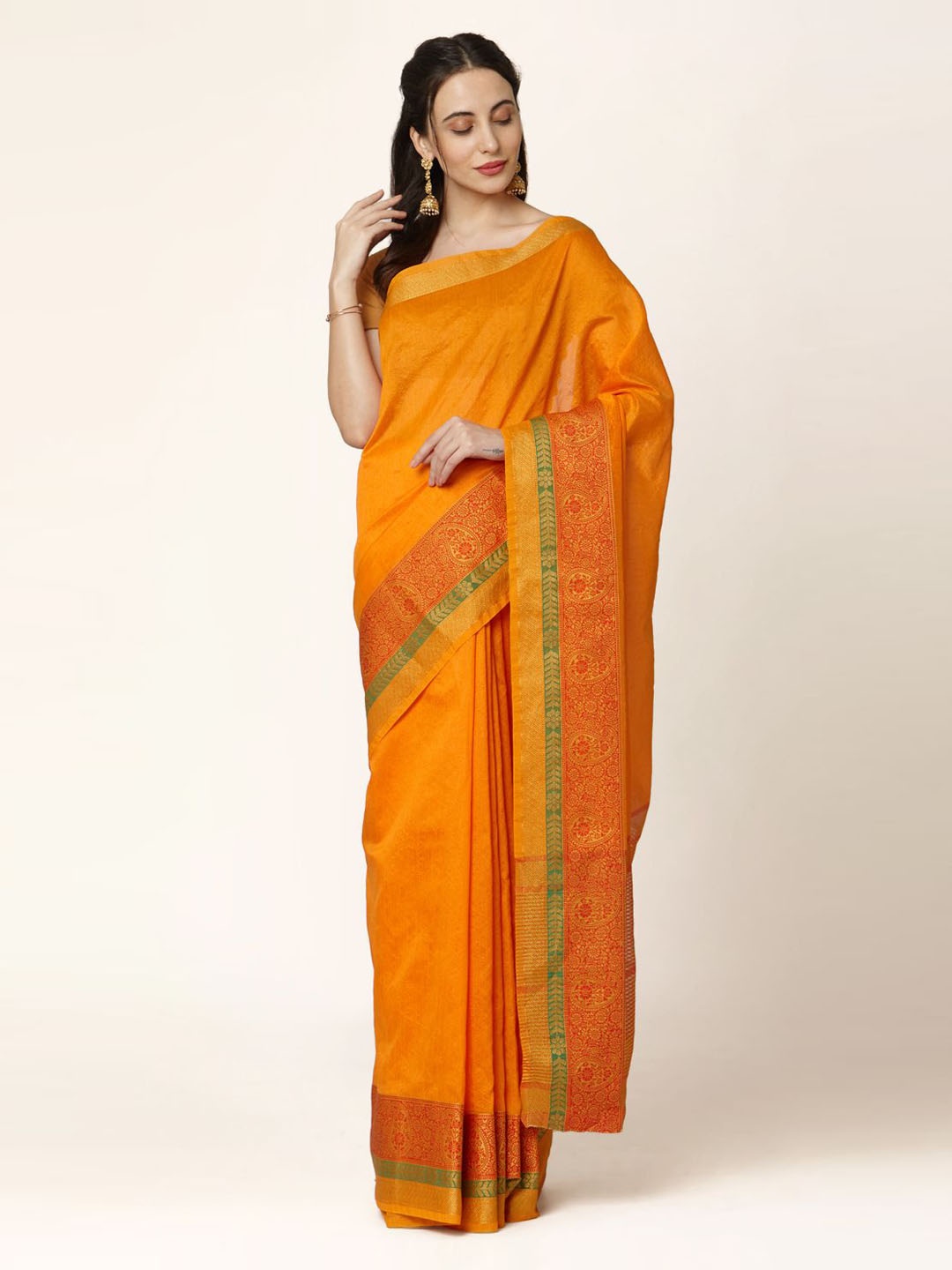 

Mitera Mustard Yellow & Coral Orange Solid Saree