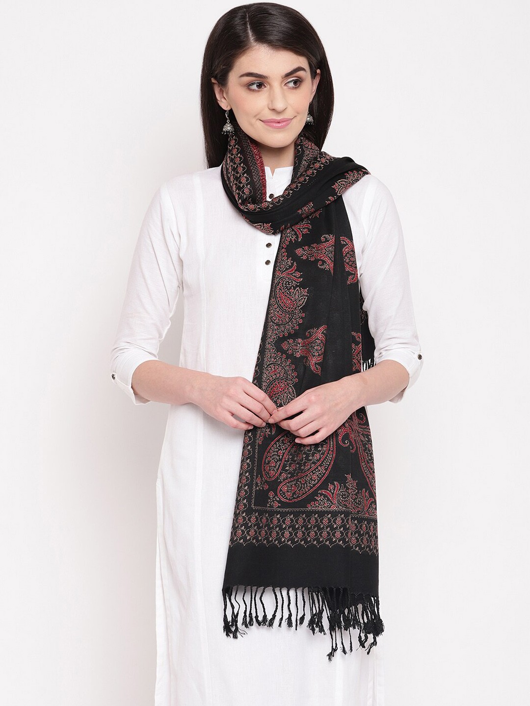 

HK colours of fashion Women Black Woven Design Stole with Tasselled Border