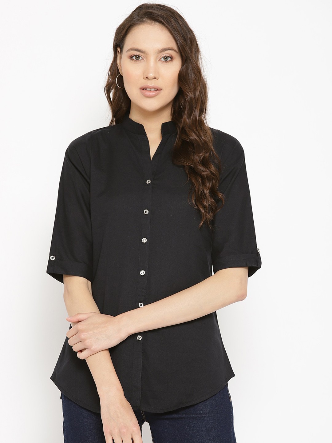 

Vastraa Fusion Women Black Solid Pure Cotton Shirt