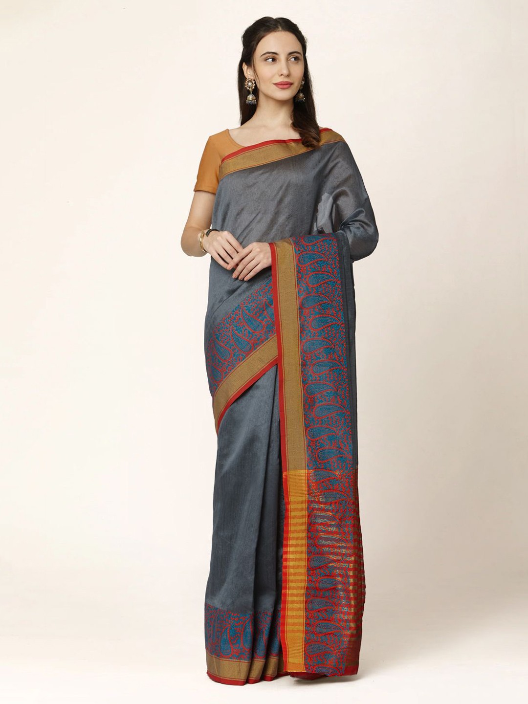 

Mitera Grey & Red Silk Blend Solid Saree