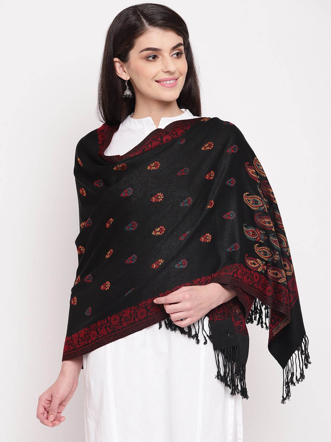 

HK colours of fashion Women Black Woven Design Stole with Tasselled Border