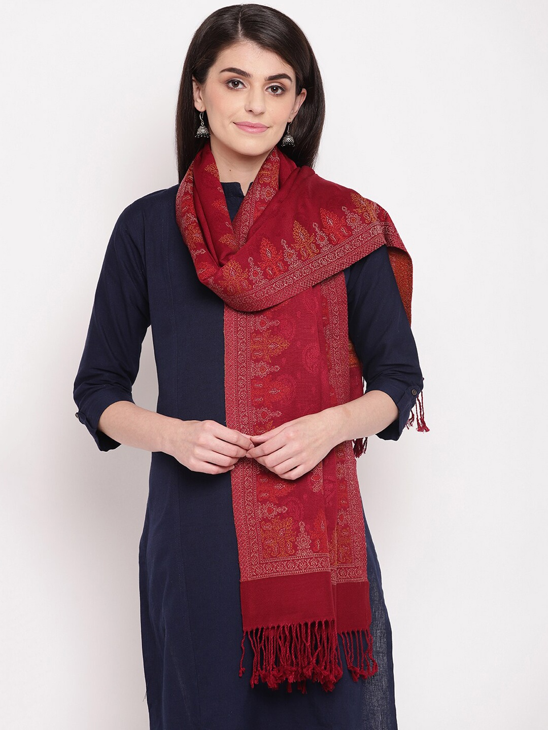 

HK colours of fashion Women Maroon Woven Design Stole with Tasselled Border
