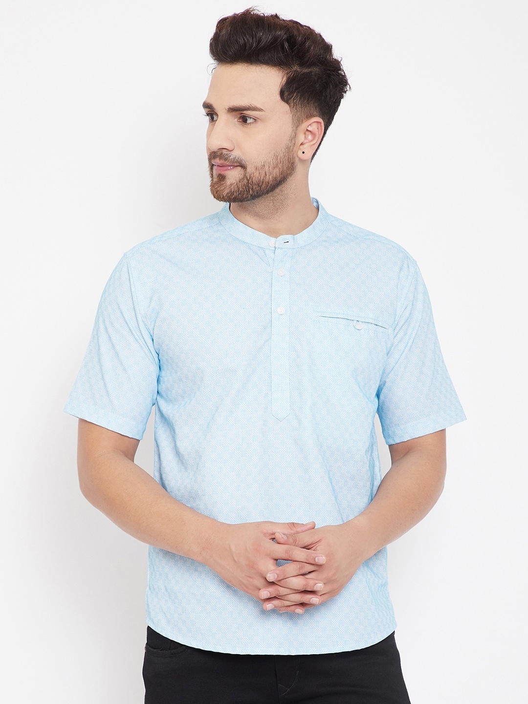 

even Men Pastel Blue Woven Design Straight Kurta