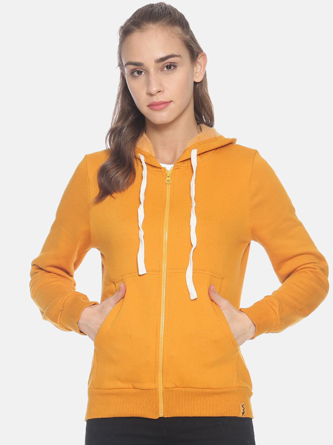 

Campus Sutra Women Mustard Yellow Solid Hooded Sweatshirt