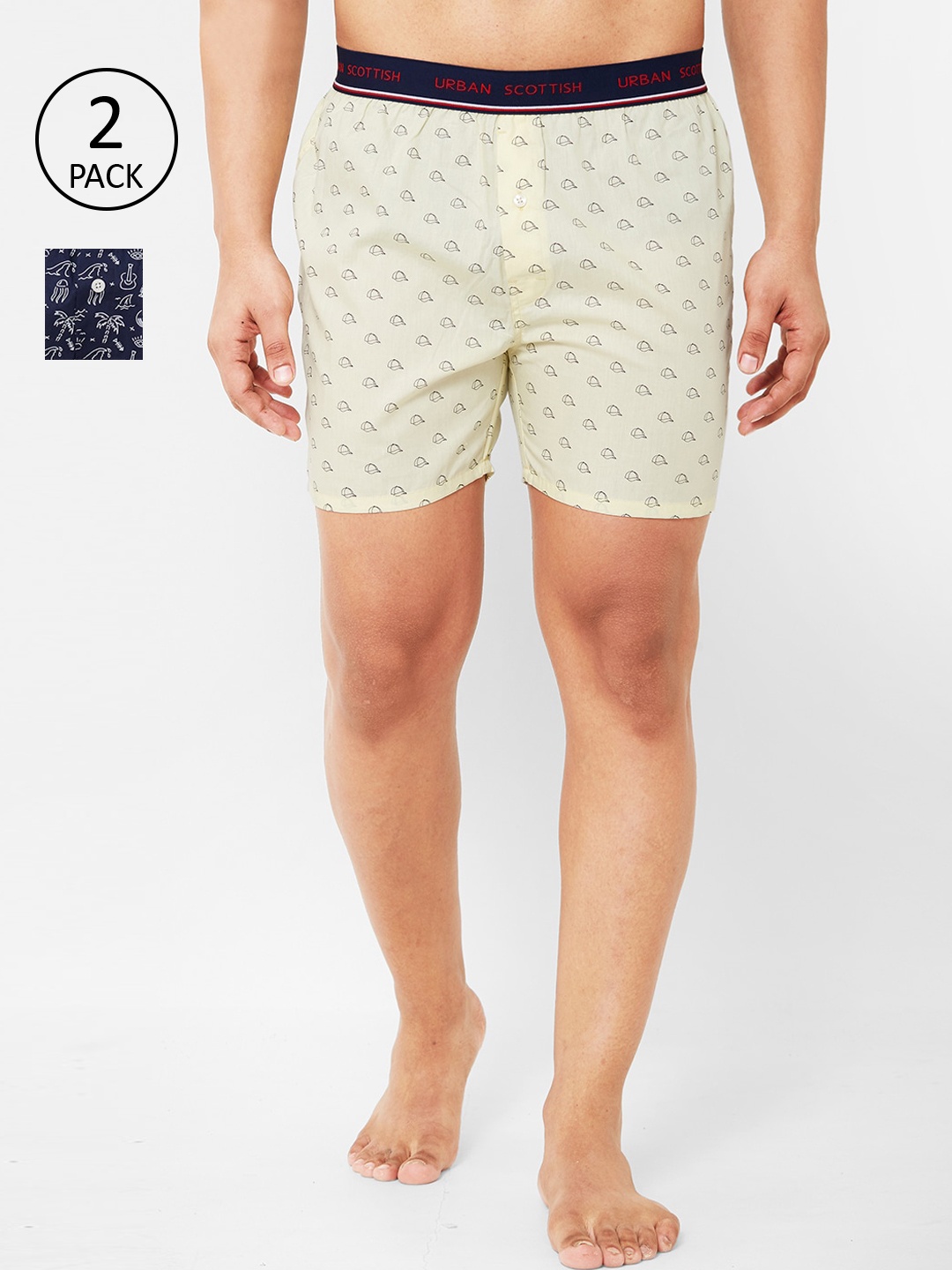 URBAN SCOTTISH Men Pack of 2 Printed Pure Cotton Boxers, Yellow