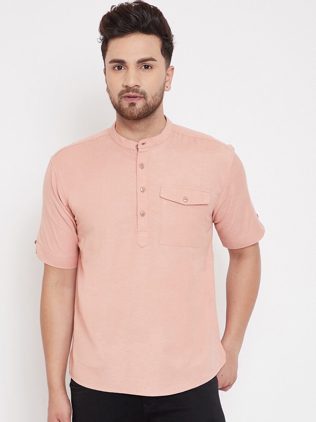 

even Men Peach-Coloured Solid Straight Kurta