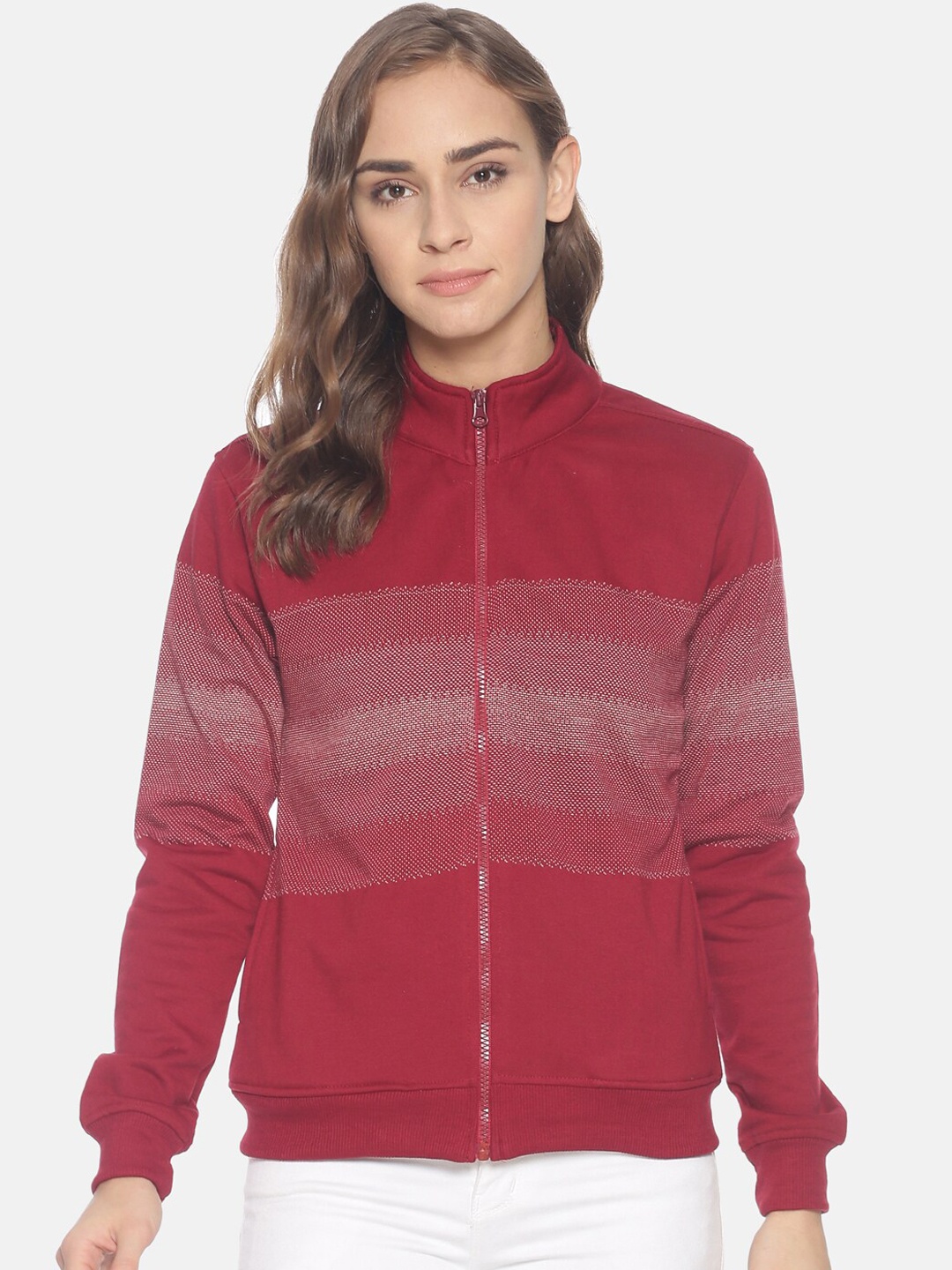 

Campus Sutra Women Maroon Striped Windcheater Padded Jacket
