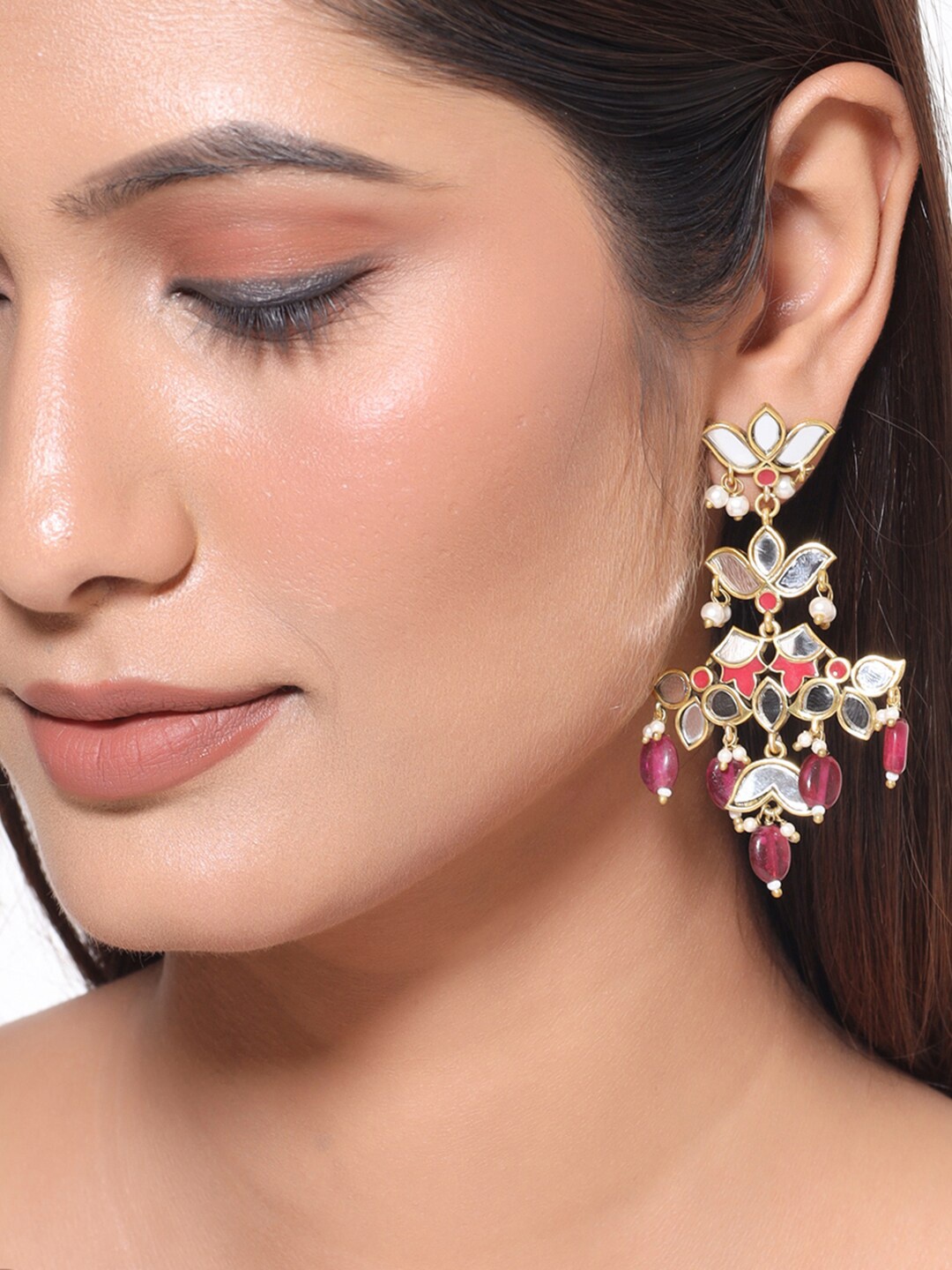 

Voylla Red & Pink Gold-Plated Oxidised Floral Drop Earrings