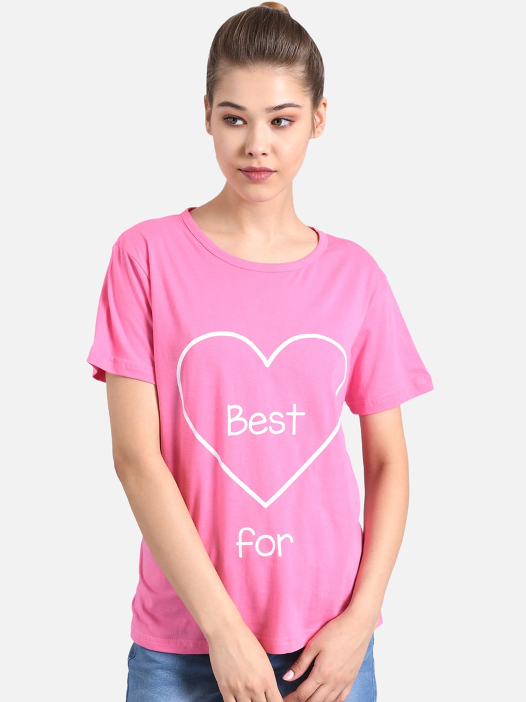 

Kotty Women Pink & White Printed Round Neck T-shirt