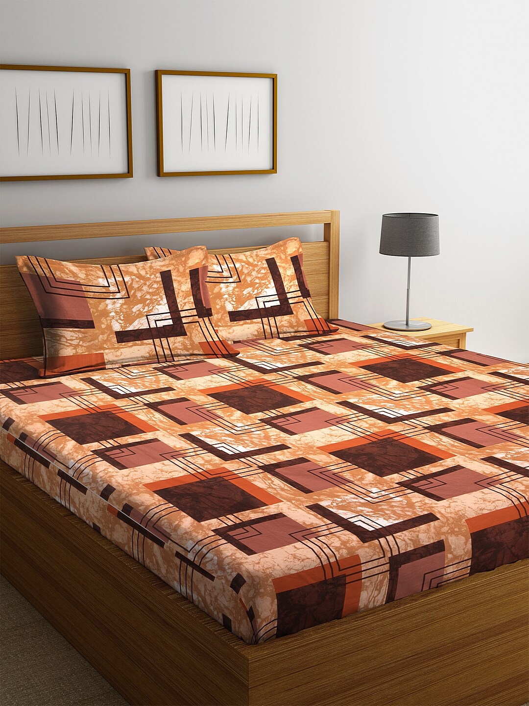 

KLOTTHE Brown Geometric 210 TC Cotton 1 King Bedsheet with 2 Pillow Covers