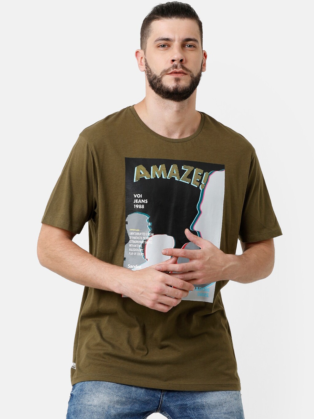 

Voi Jeans Men Olive Green Printed Round Neck T-shirt