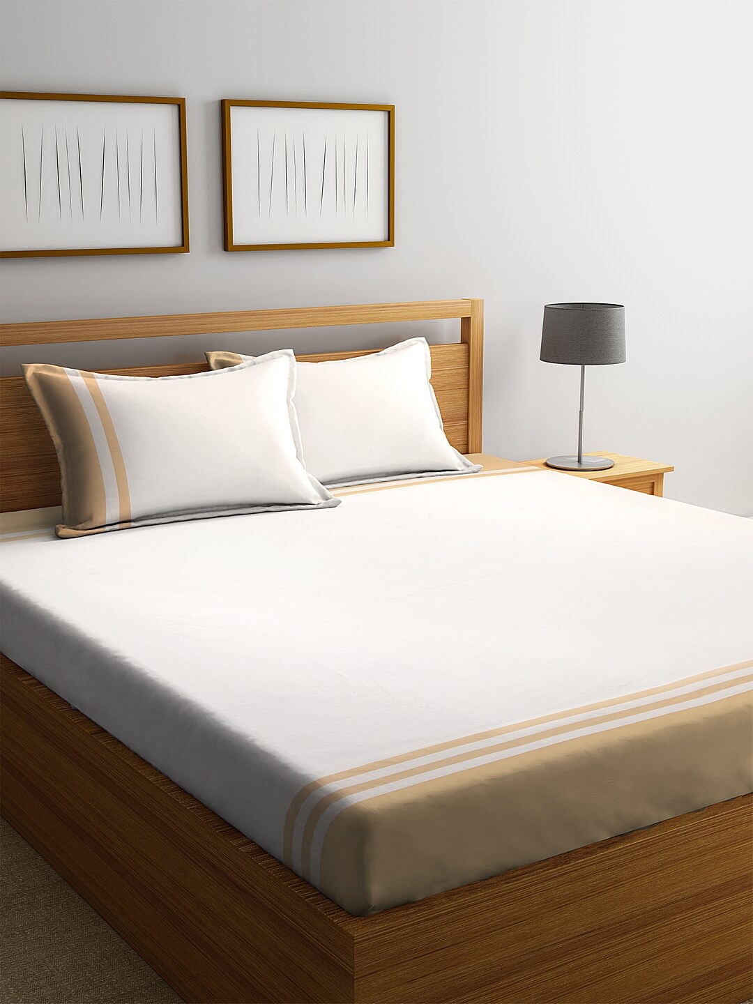 

eyda Off-White & Beige Geometric 260 TC Cotton 1 King Bedsheet with 2 Pillow Covers