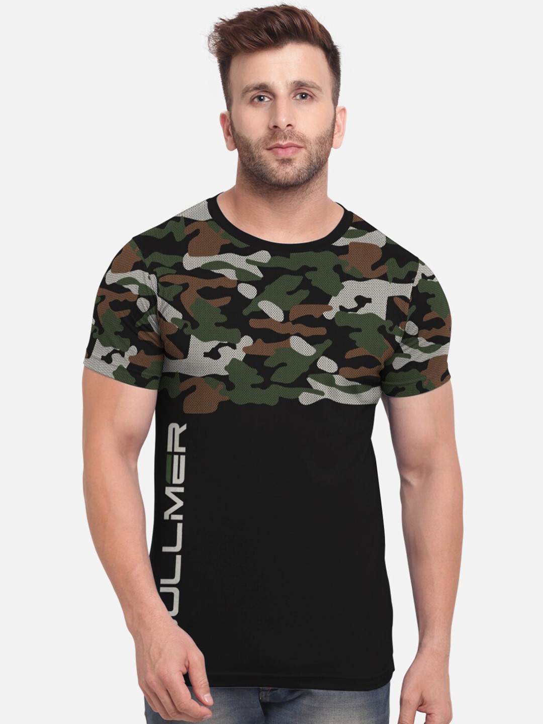 

BULLMER Men Black Camouflage Printed Round Neck Pure Cotton T-shirt