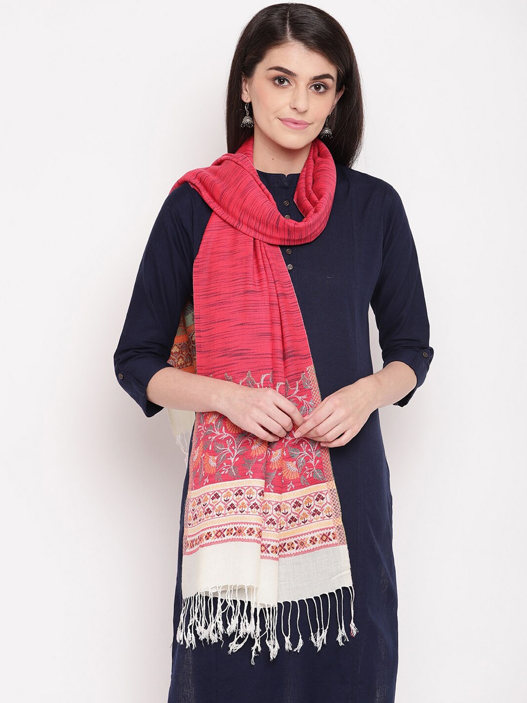 

HK colours of fashion Women Coral Red Woven Design Stole with Tasselled Border