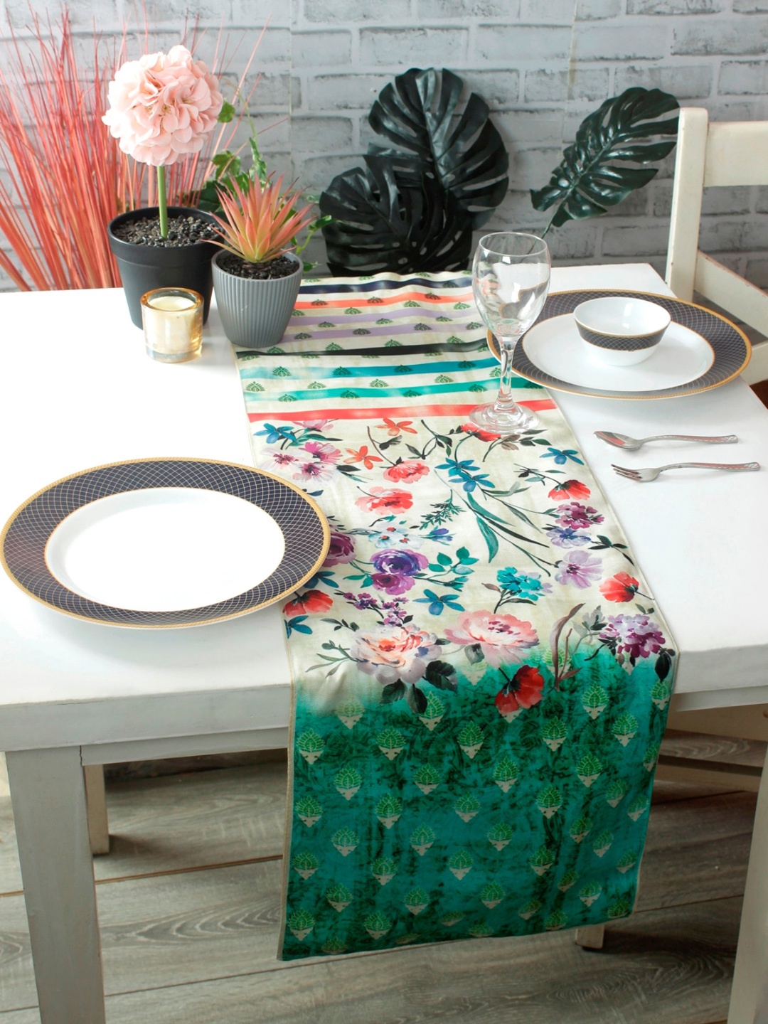 

ROMEE Cream-Coloured & Green Floral Printed Table Runner