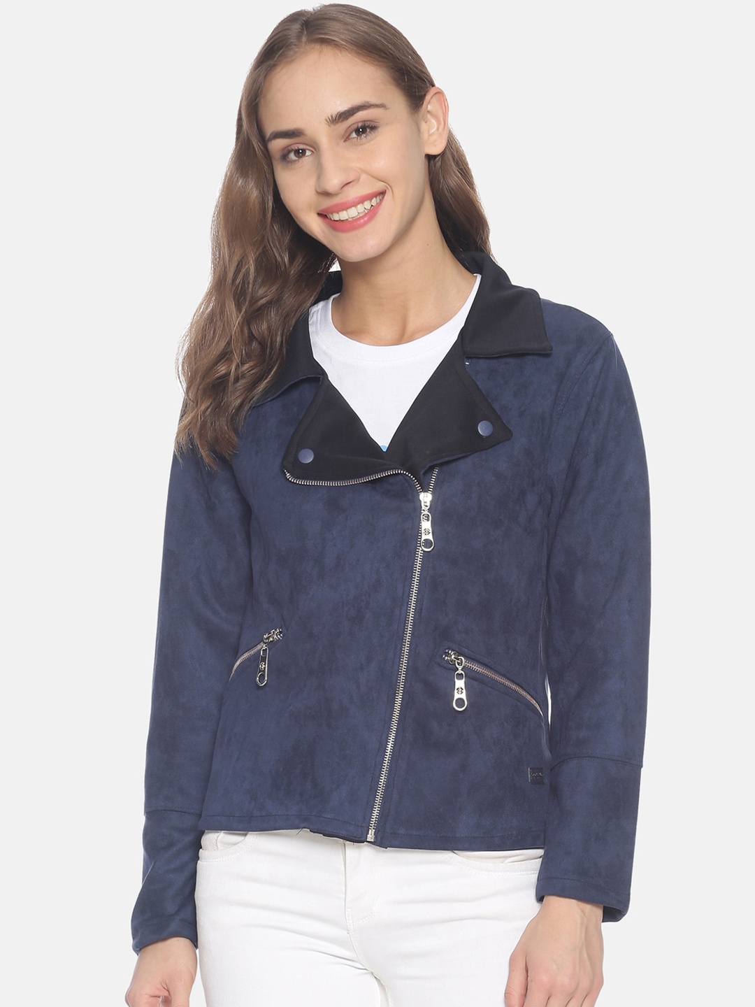 

Campus Sutra Women Navy Blue Solid Windcheater Biker Jacket