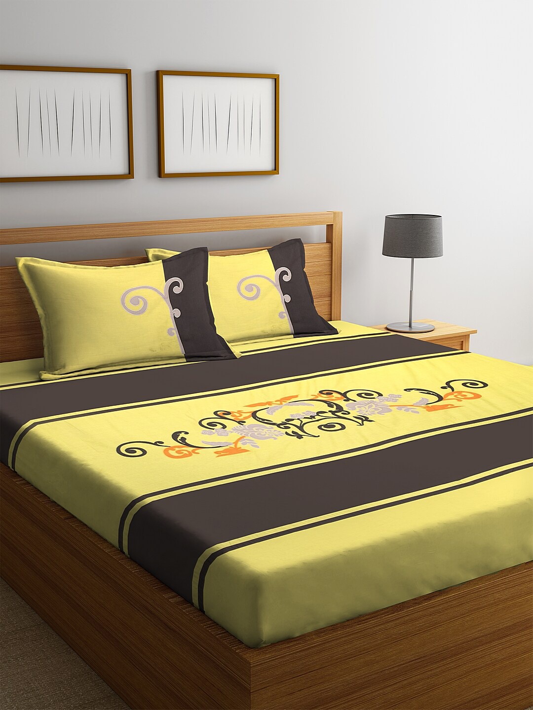 

eyda Yellow & Charcoal Grey Striped 260 TC Cotton 1 King Bedsheet with 2 Pillow Covers