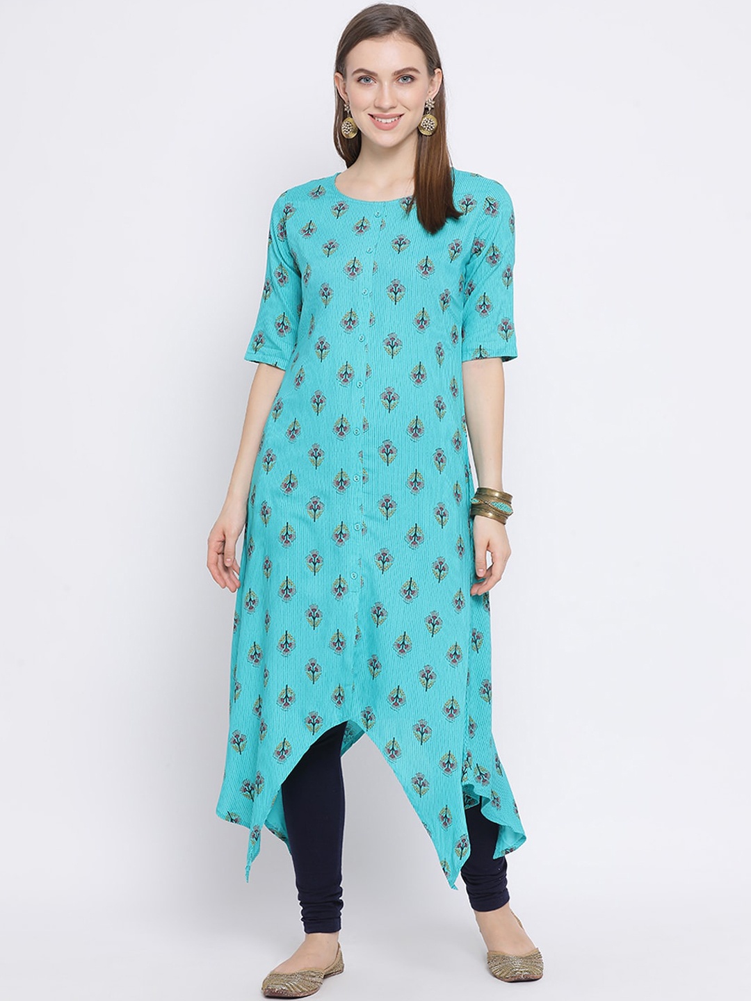 

Span Women Turquoise Blue Embroidered A-Line Kurta