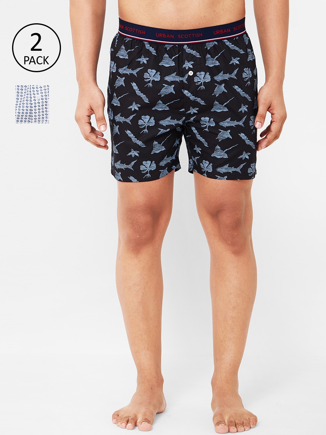 

URBAN SCOTTISH Men Pack of 2 Printed Pure Cotton Boxers, White