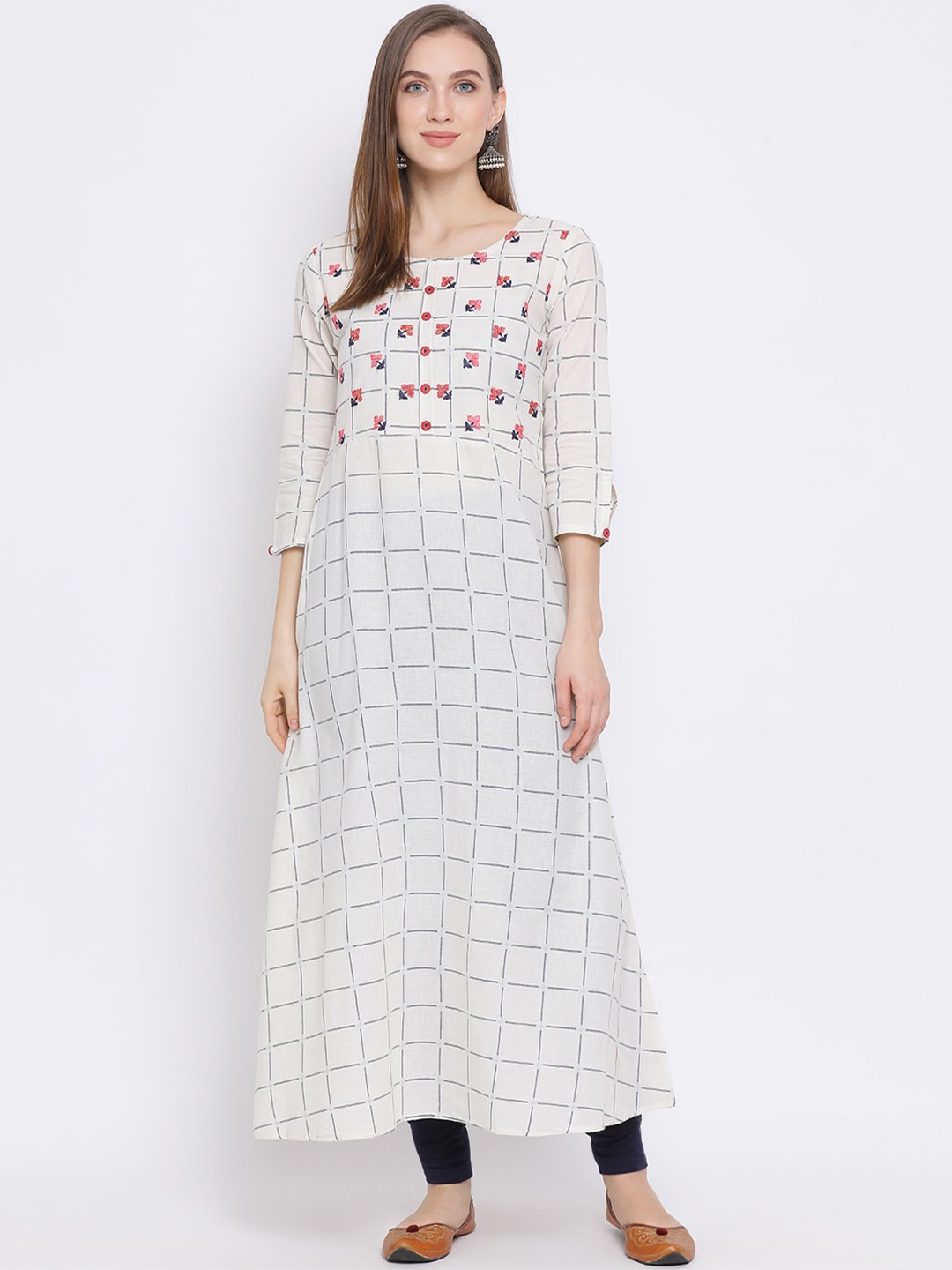

Span Women White & Grey Yoke Design A-Line Kurta