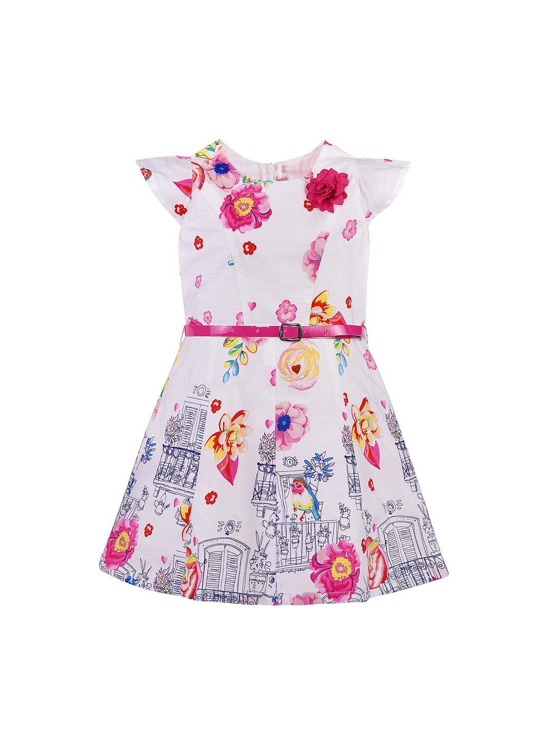 Wish Karo Girls White & Pink Floral Printed A-Line Dress